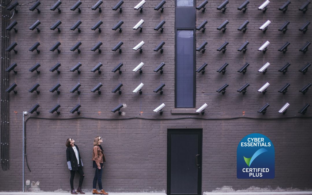 A wall full of security cameras with the Cyber Essentials Plus logo